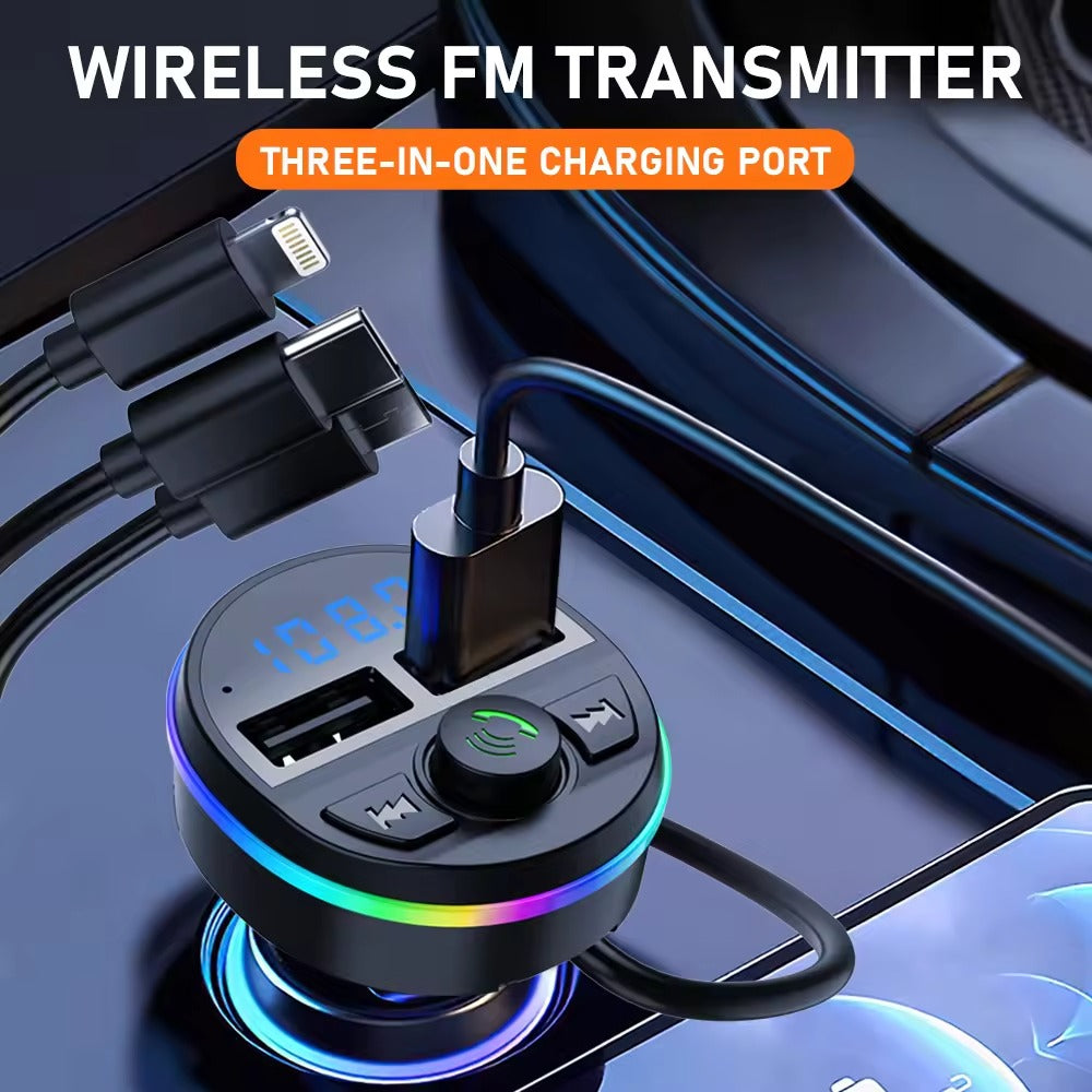 Wireless Car FM Transmitter Bluetooth V5.0 with Colorful LED Lights - Convenient MP3 Player with charge cable