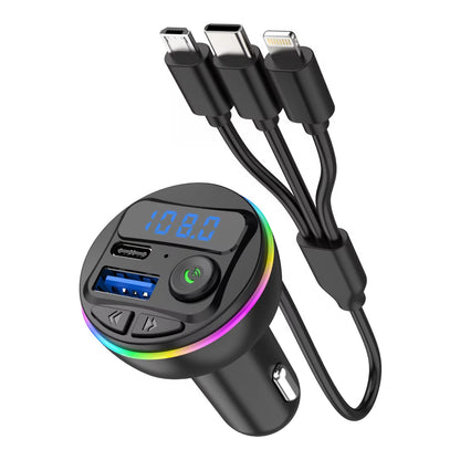 Wireless Car FM Transmitter Bluetooth V5.0 with Colorful LED Lights - Convenient MP3 Player with charge cable